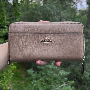 COACH Long Zip-Around Pebble Leather Phone Wallet Taupe/Nude w Gold Hardware